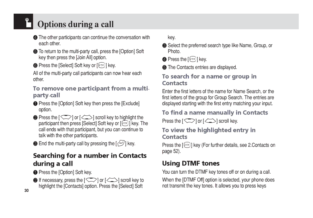 Pantech PG-3300 manual Searching for a number in Contacts during a call, Using Dtmf tones 