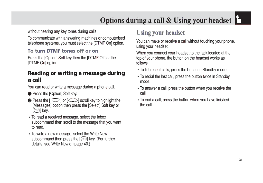 Pantech PG-3300 manual Reading or writing a message during a call, To turn Dtmf tones off or on 