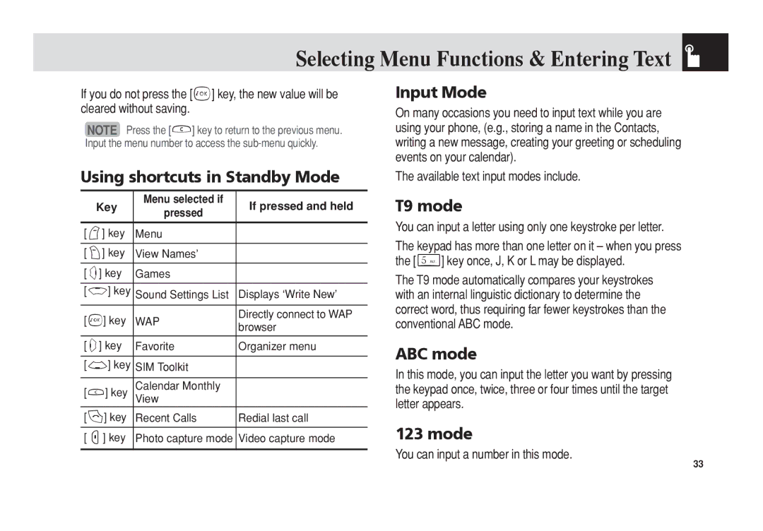 Pantech PG-3300 manual Using shortcuts in Standby Mode, Input Mode, T9 mode, ABC mode 