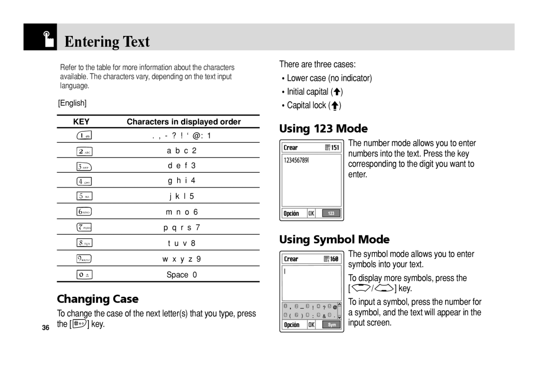 Pantech PG-3300 manual Changing Case, Using 123 Mode, Using Symbol Mode 