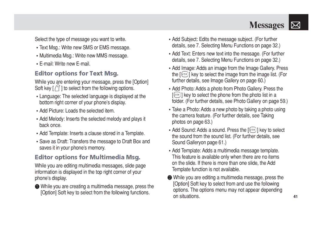 Pantech PG-3300 manual Editor options for Text Msg, Editor options for Multimedia Msg, On situations 