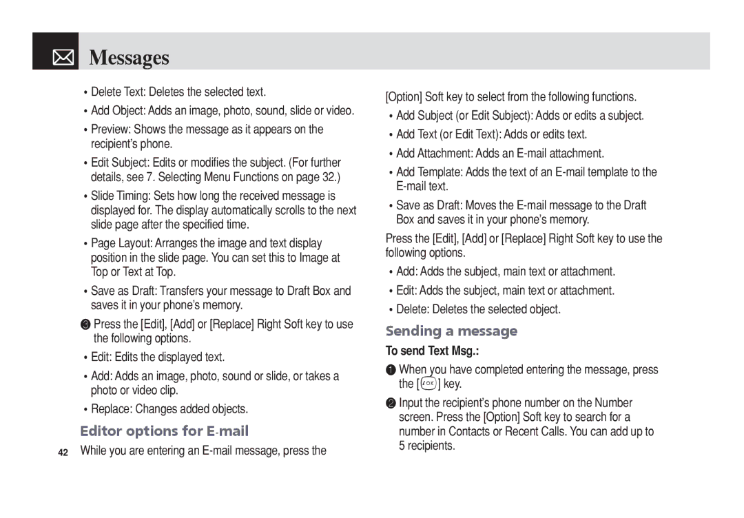 Pantech PG-3300 Editor options for E-mail, Sending a message, Delete Text Deletes the selected text, To send Text Msg 