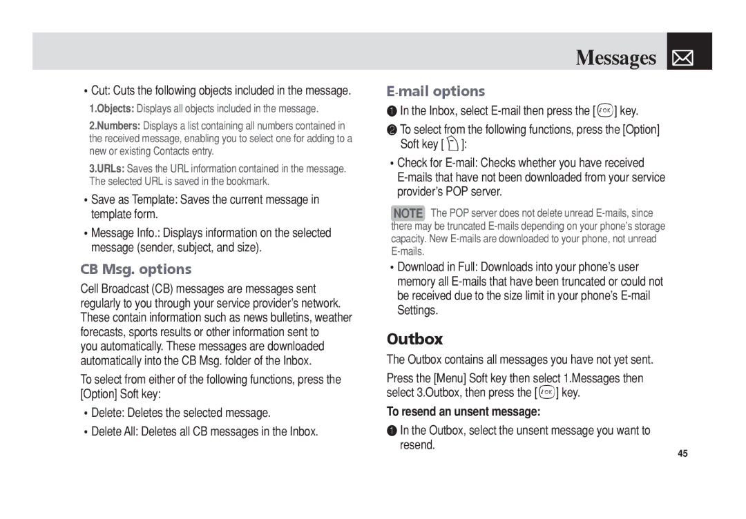 Pantech PG-3300 manual Outbox, CB Msg. options, Mail options, To resend an unsent message 