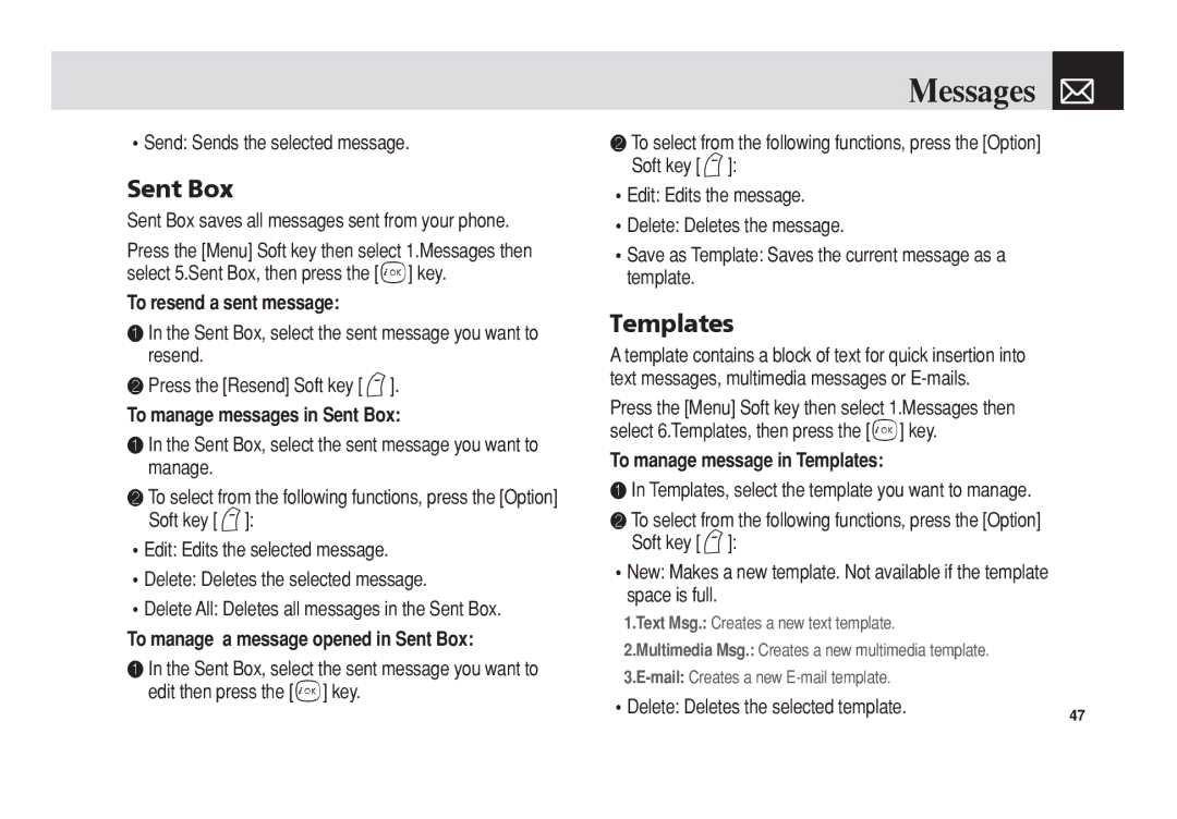 Pantech PG-3300 manual Sent Box, Templates 