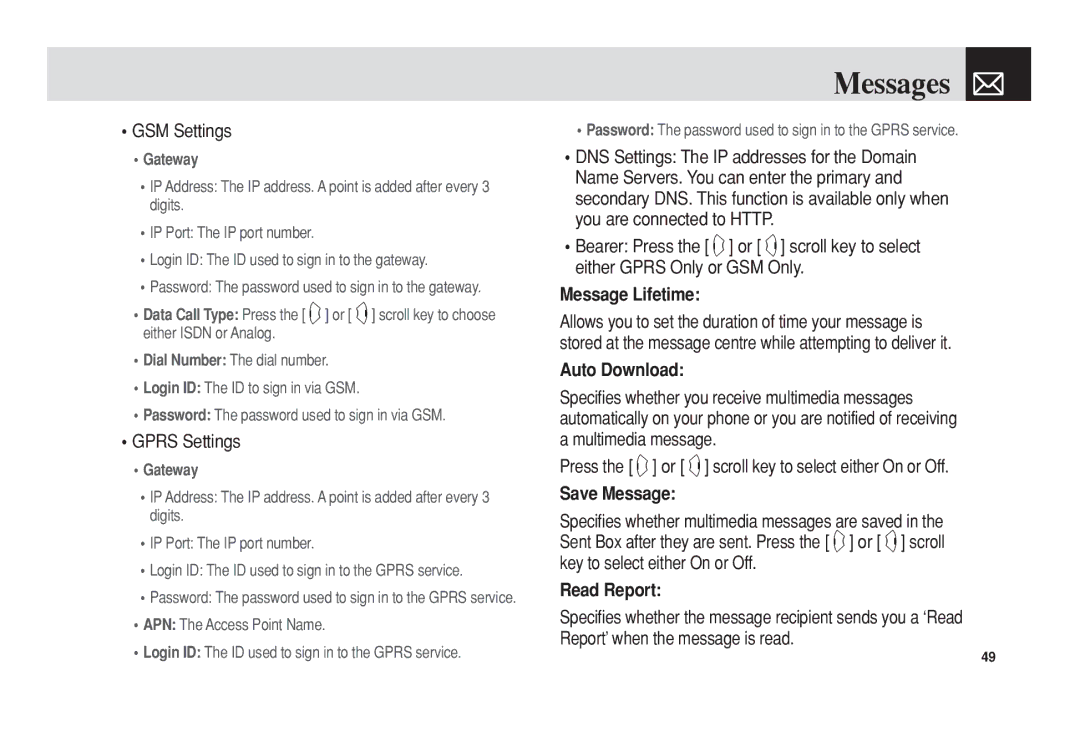 Pantech PG-3300 manual Message Lifetime, Auto Download, Save Message, Read Report 