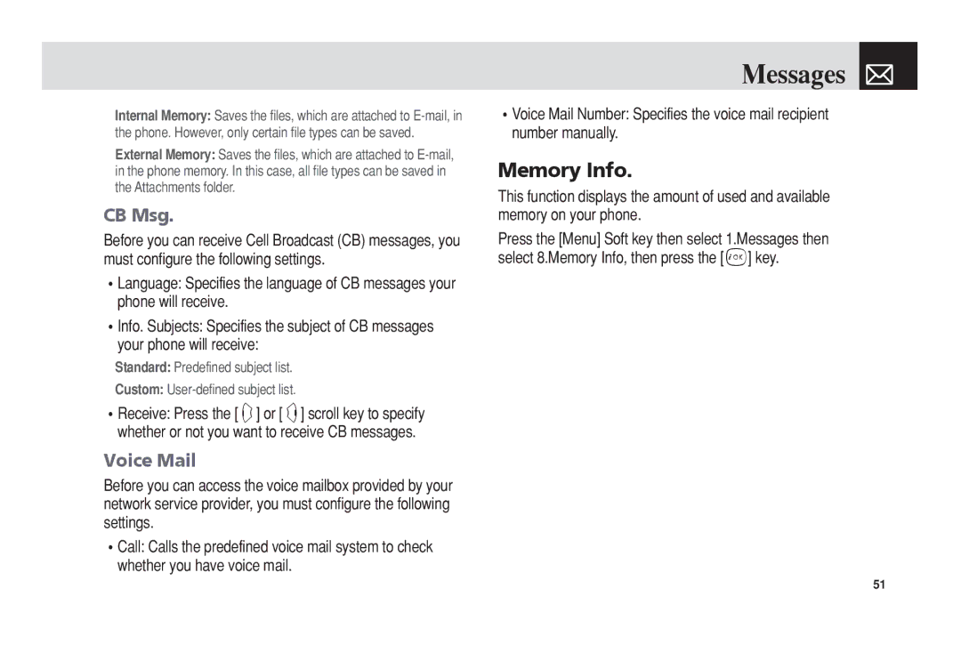 Pantech PG-3300 manual Memory Info, CB Msg, Voice Mail 