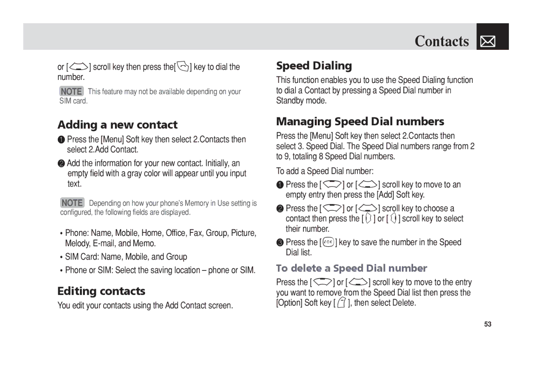 Pantech PG-3300 manual Adding a new contact, Editing contacts, Speed Dialing, Managing Speed Dial numbers 