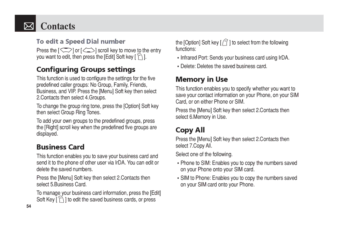 Pantech PG-3300 manual Configuring Groups settings, Business Card, Memory in Use, Copy All, To edit a Speed Dial number 