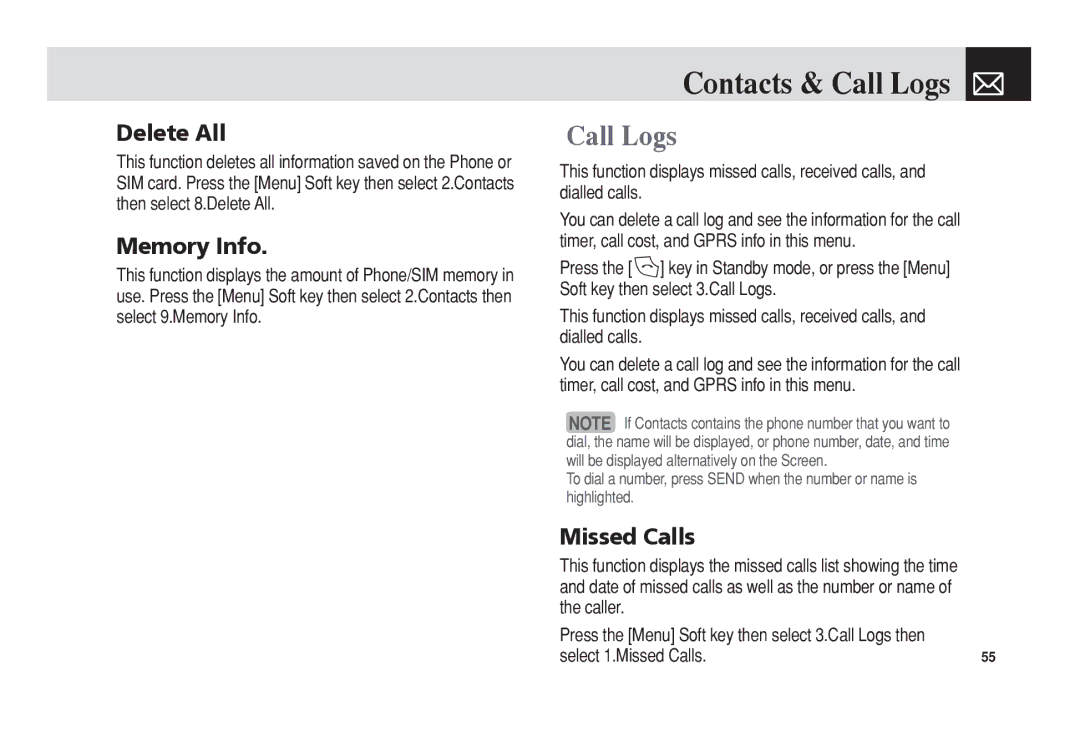 Pantech PG-3300 manual Contacts & Call Logs, Delete All, Select 1.Missed Calls 