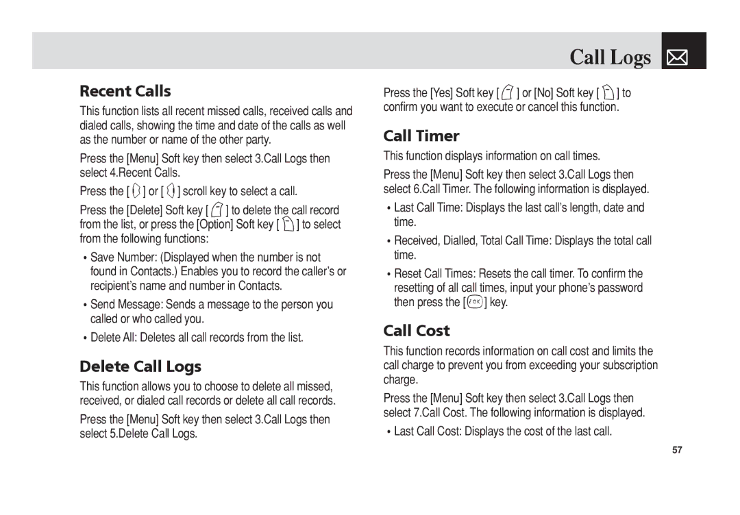 Pantech PG-3300 manual Recent Calls, Delete Call Logs, Call Timer, Call Cost 