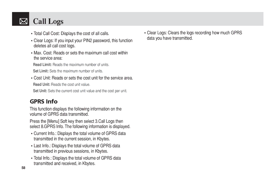 Pantech PG-3300 manual Gprs Info, Cost Unit Reads or sets the cost unit for the service area 