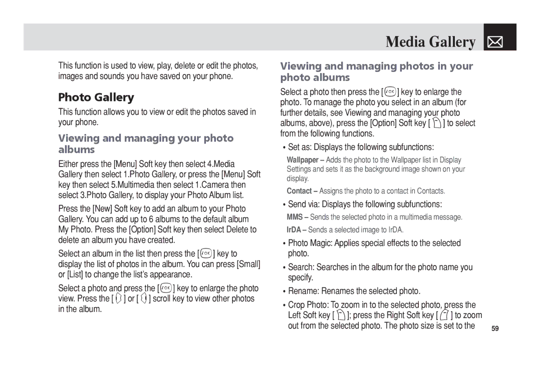 Pantech PG-3300 manual Media Gallery, Photo Gallery, Viewing and managing your photo albums 