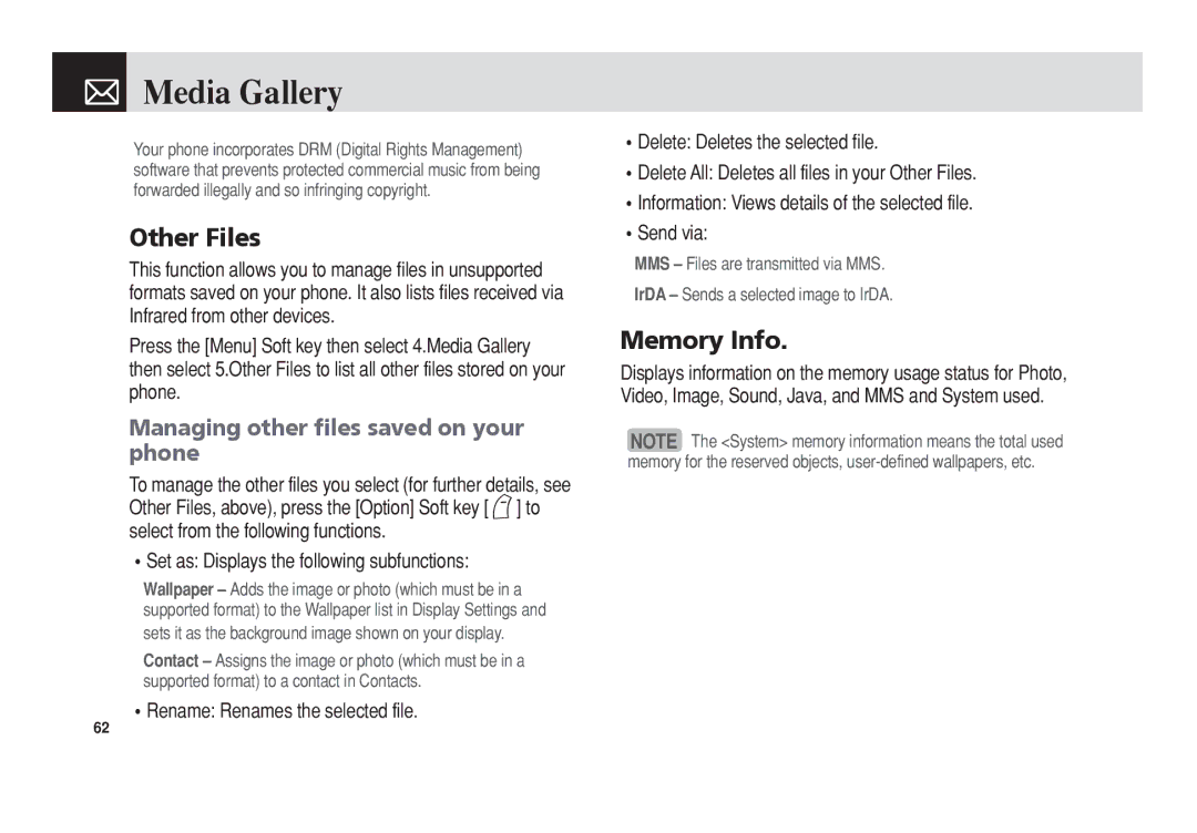 Pantech PG-3300 manual Other Files, Managing other files saved on your phone 