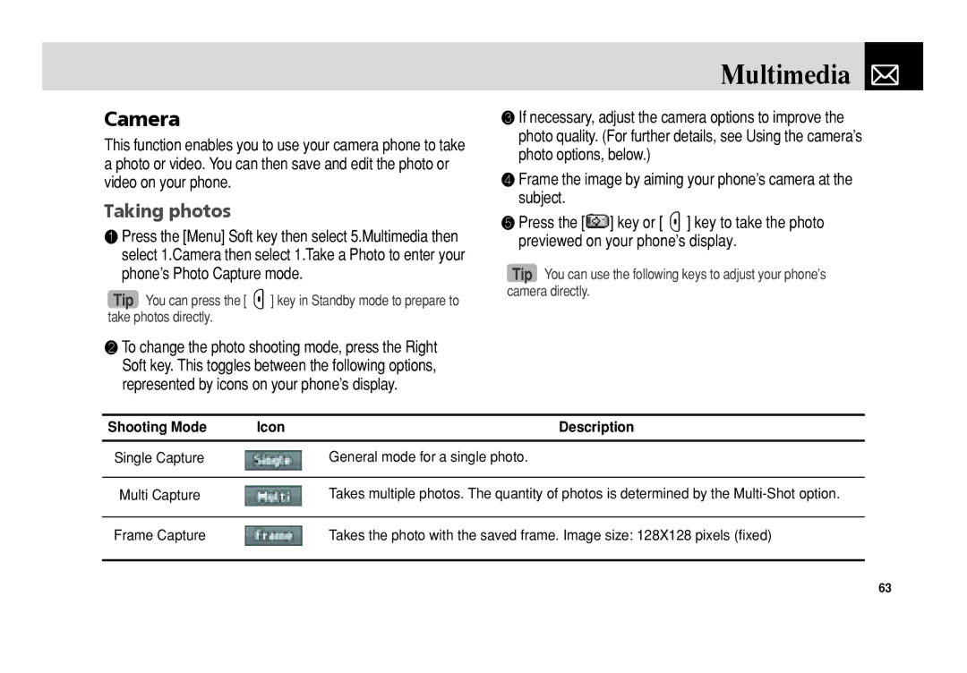 Pantech PG-3300 manual Multimedia, Camera, Taking photos, General mode for a single photo 