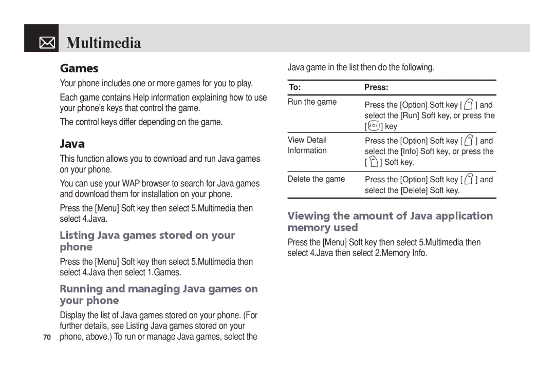 Pantech PG-3300 manual Games, Listing Java games stored on your phone, Running and managing Java games on your phone 