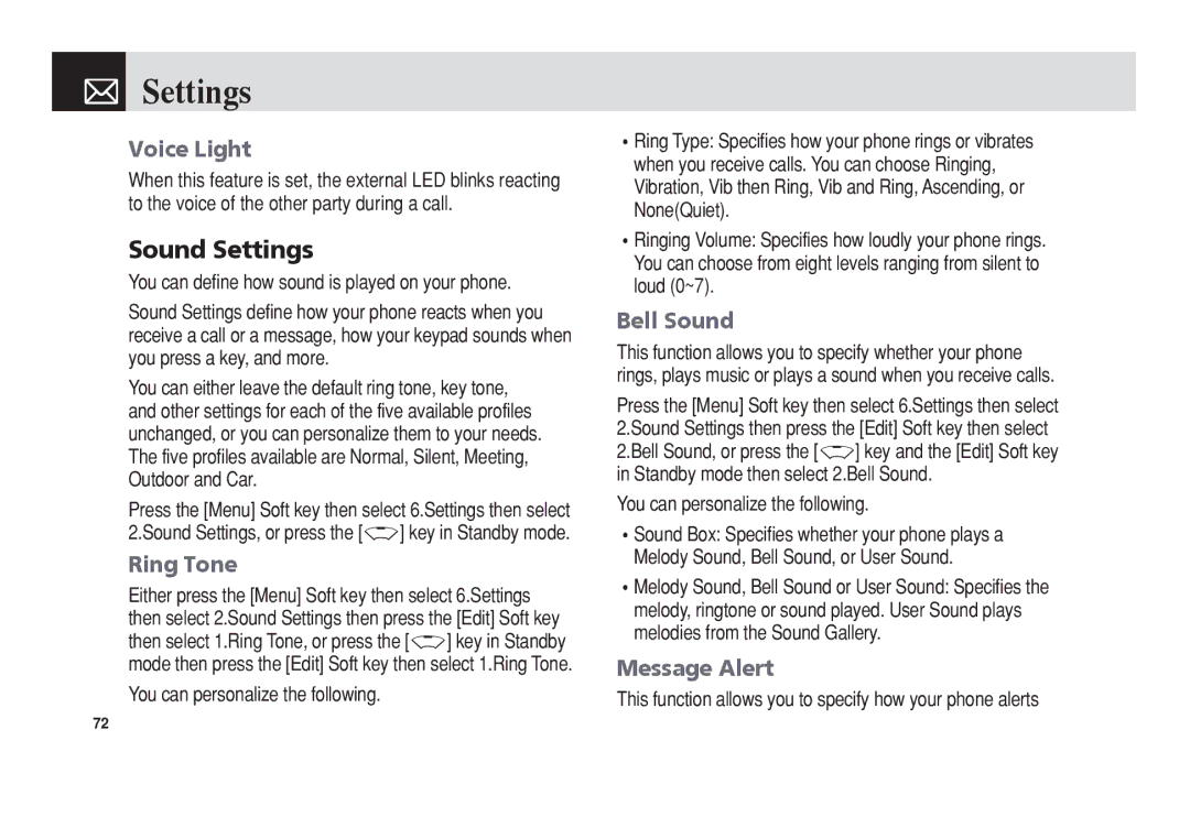 Pantech PG-3300 manual Sound Settings, Voice Light, Ring Tone, Bell Sound, Message Alert 