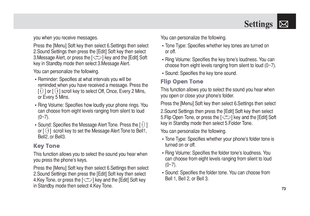 Pantech PG-3300 manual Key Tone, Flip Open Tone, You when you receive messages, Sound Specifies the key tone sound 