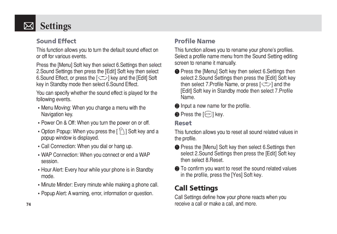 Pantech PG-3300 manual Call Settings, Sound Effect, Profile Name, Reset 