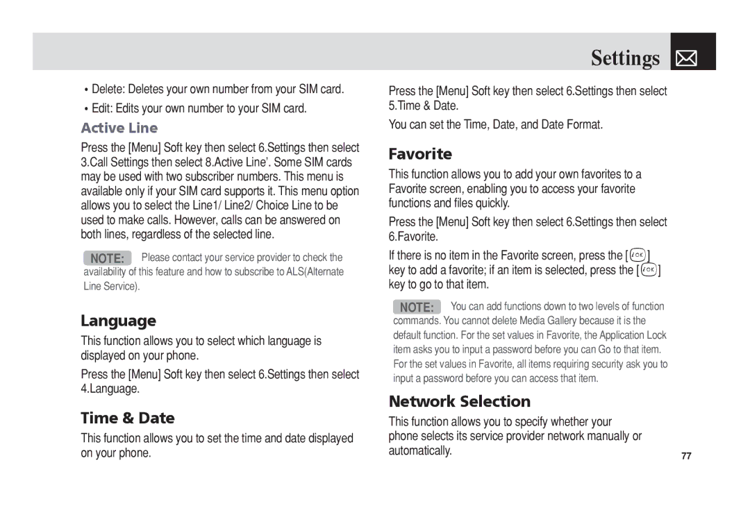 Pantech PG-3300 manual Language, Time & Date, Favorite, Network Selection, Active Line 