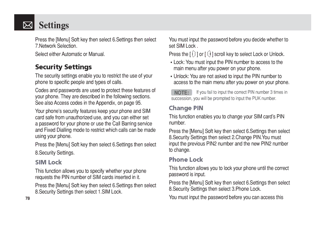 Pantech PG-3300 manual Security Settings, SIM Lock, Change PIN, Phone Lock 