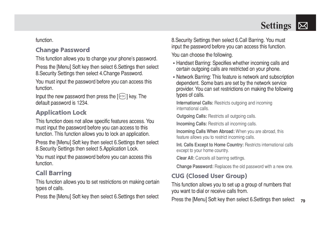 Pantech PG-3300 manual Change Password, Application Lock, Call Barring, CUG Closed User Group 