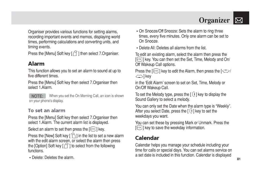 Pantech PG-3300 manual Organizer, Alarm, Calendar, To set an alarm 