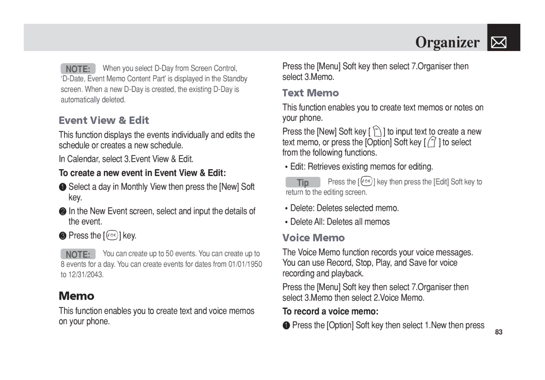 Pantech PG-3300 manual Event View & Edit, Text Memo, Voice Memo 