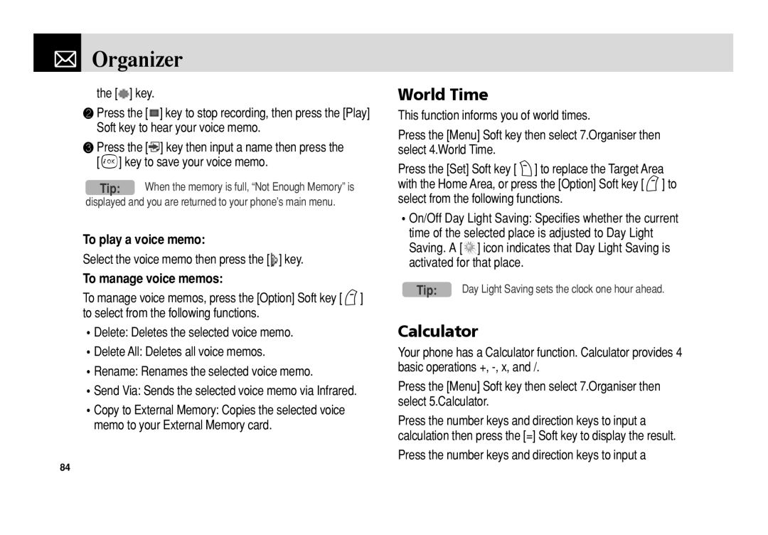 Pantech PG-3300 manual World Time, Calculator, To play a voice memo, To manage voice memos 