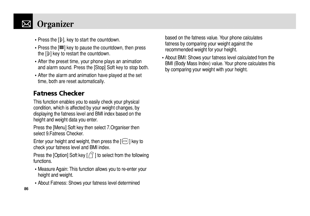 Pantech PG-3300 manual Fatness Checker, Press the , key to start the countdown 