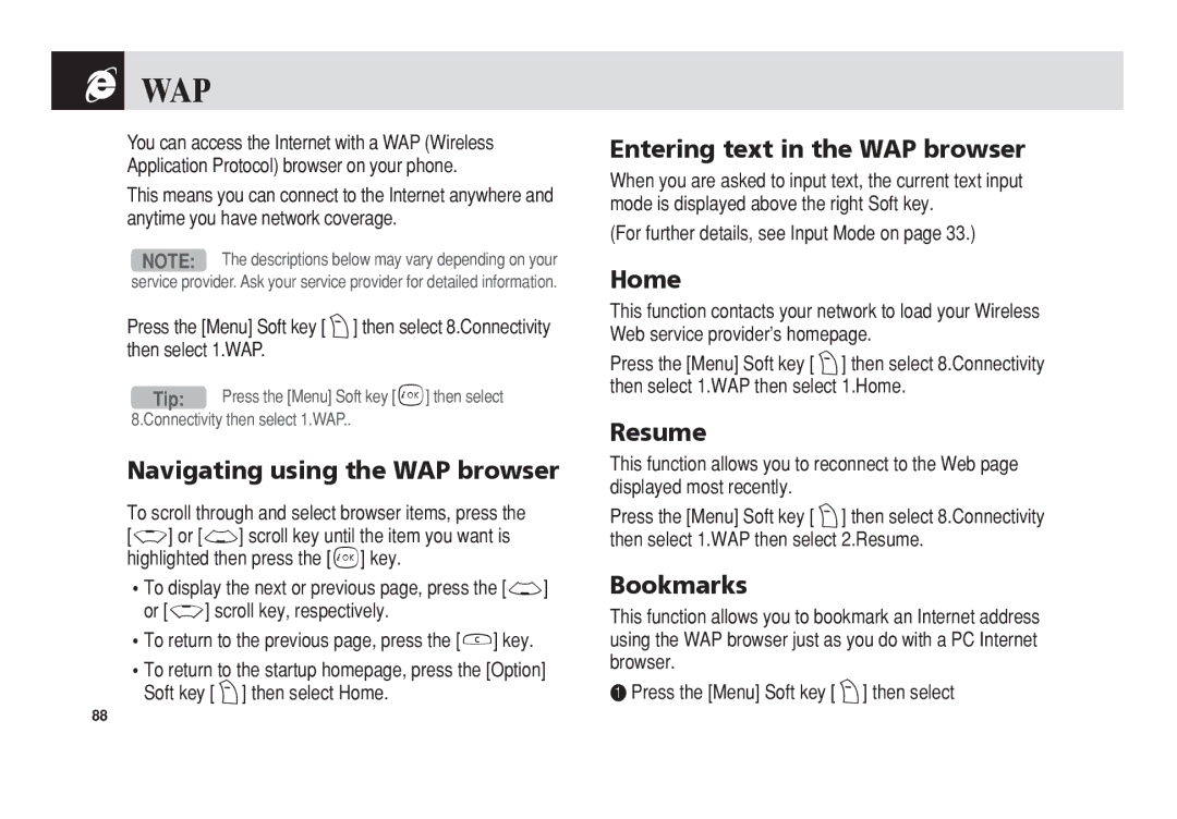 Pantech PG-3300 manual Navigating using the WAP browser, Entering text in the WAP browser, Home, Resume, Bookmarks 