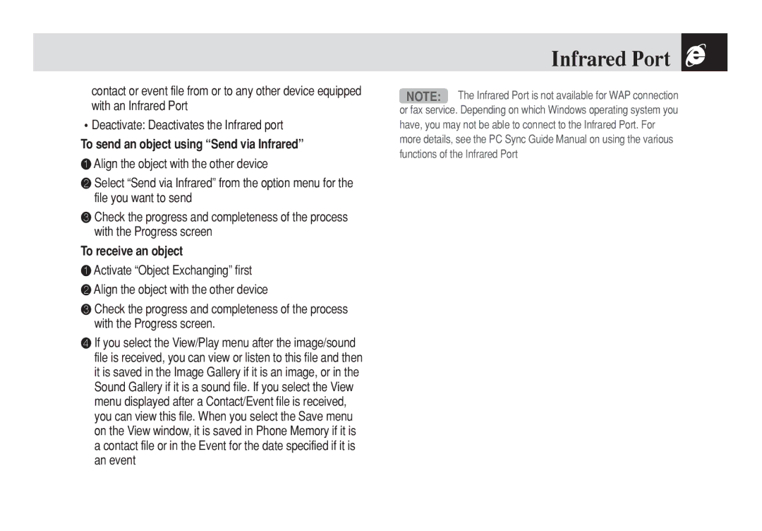 Pantech PG-3300 manual Infrared Port, To send an object using Send via Infrared, To receive an object 