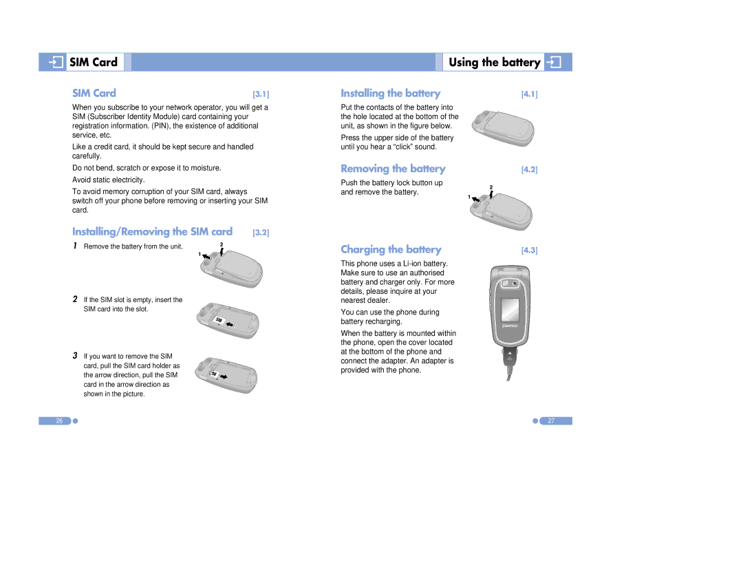 Pantech PG-3500 manual SIM Card, Installing/Removing the SIM card, Installing the battery, Removing the battery 