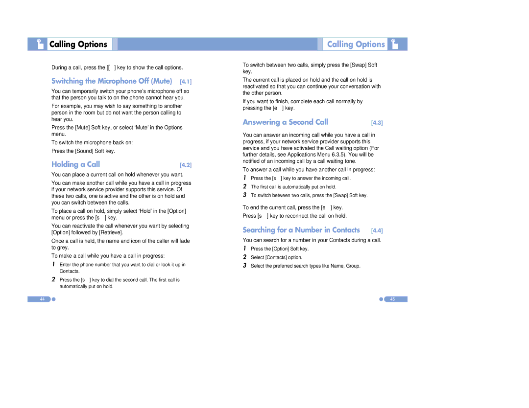 Pantech PG-3500 manual Calling Options, Holding a Call, Answering a Second Call 