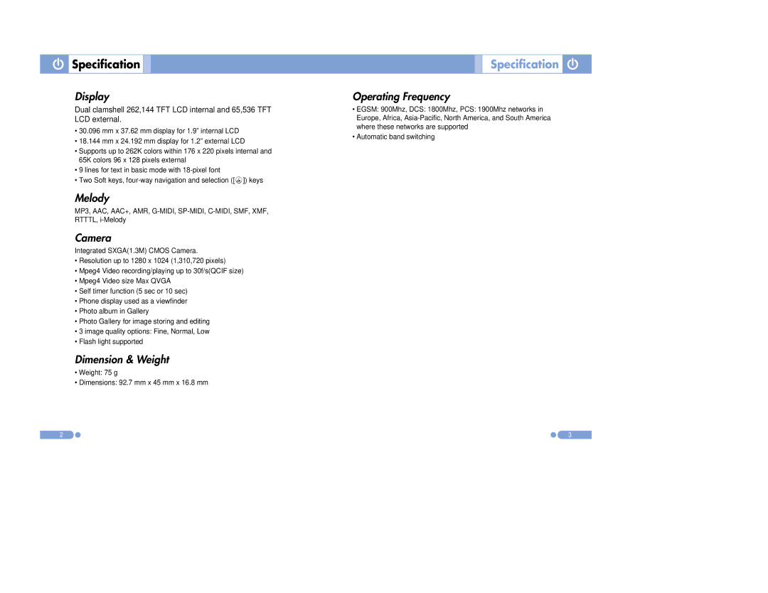 Pantech PG-3500 manual Display, Melody, Camera, Dimension & Weight, Operating Frequency 