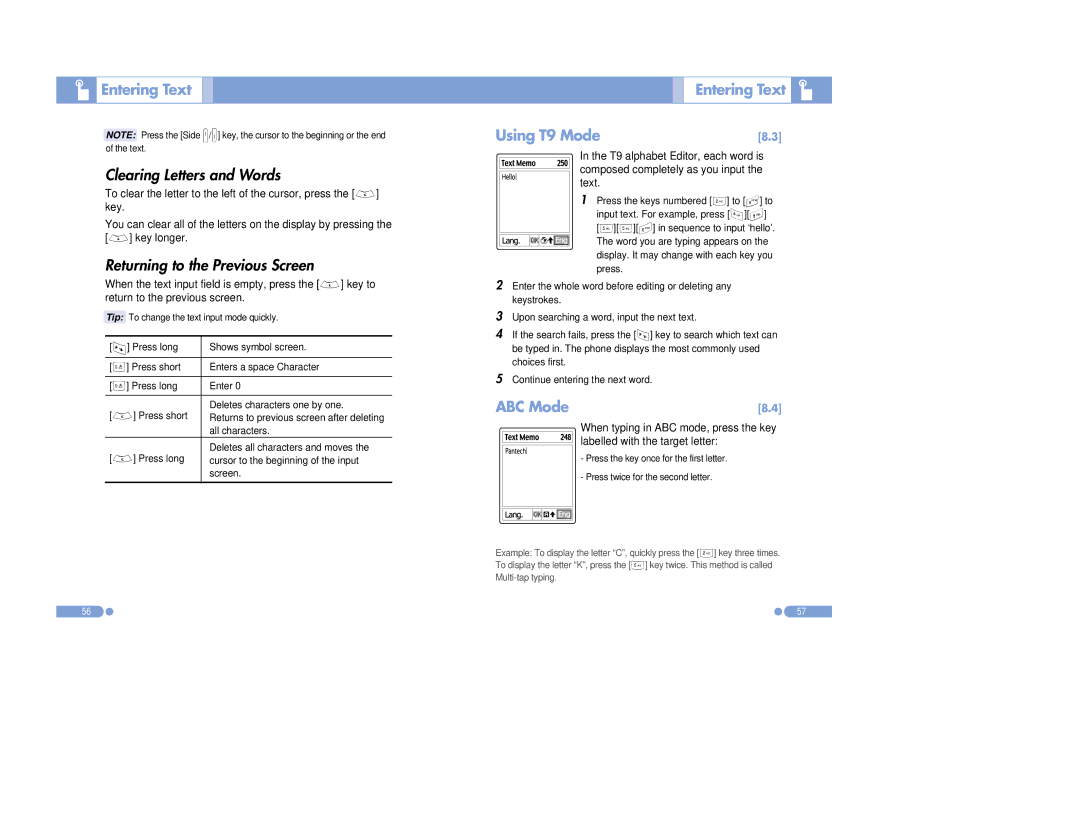 Pantech PG-3500 Clearing Letters and Words, Returning to the Previous Screen, Entering Text Using T9 Mode, ABC Mode 