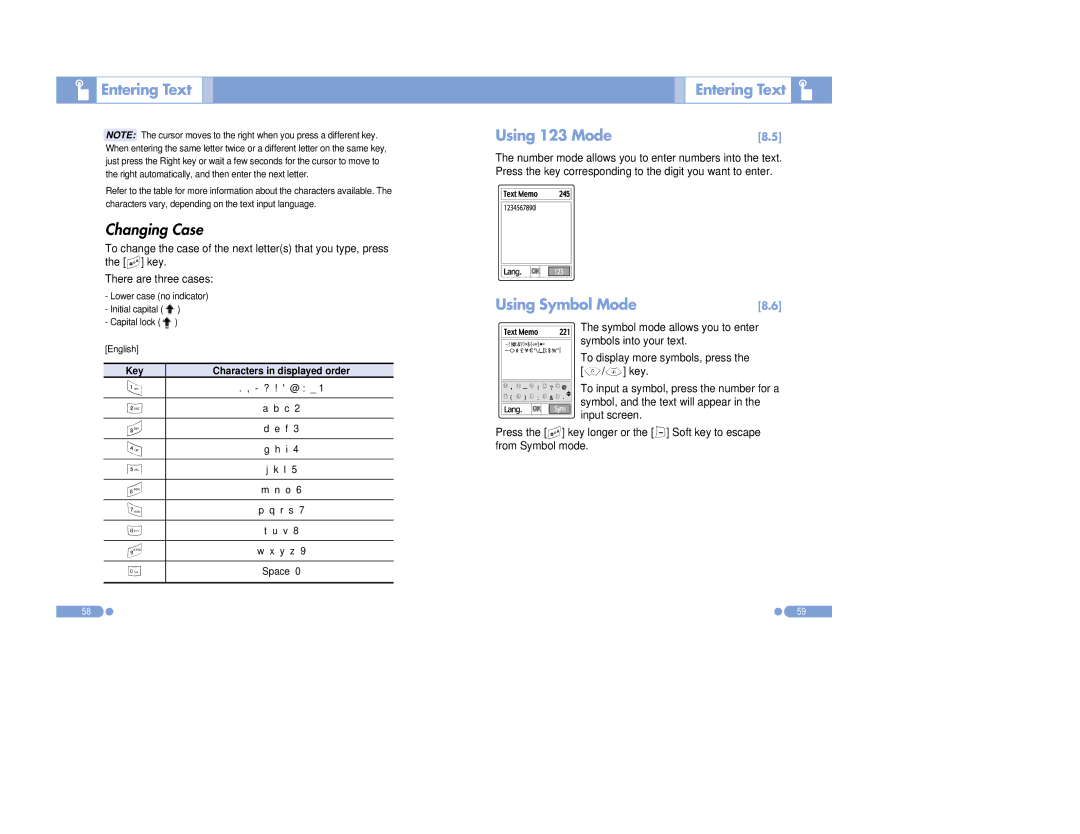 Pantech PG-3500 manual Changing Case, Entering Text Using 123 Mode, Using Symbol Mode 