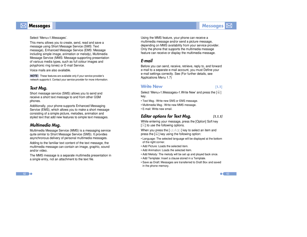 Pantech PG-3500 manual Multimedia Msg, Mail, Editor options for Text Msg 