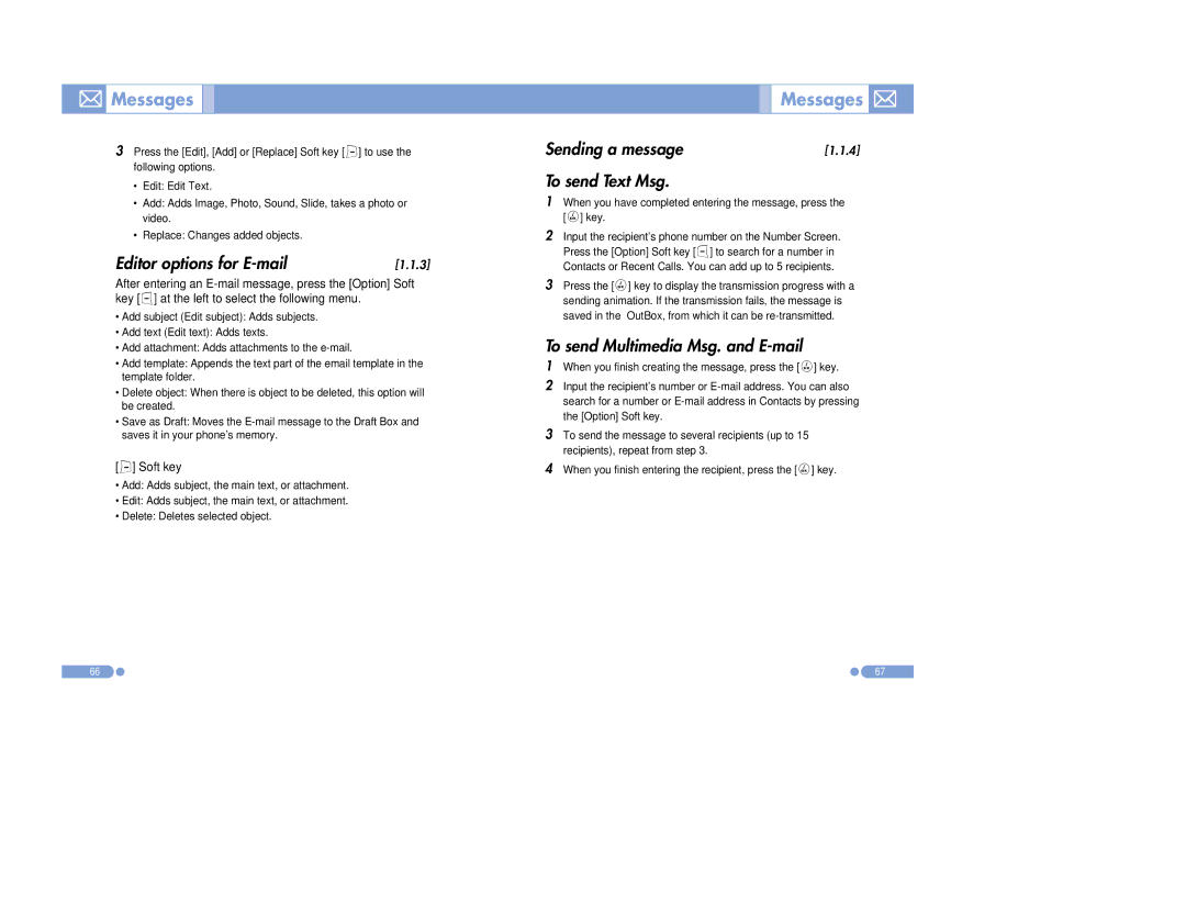 Pantech PG-3500 manual Editor options for E-mail, Sending a message To send Text Msg, To send Multimedia Msg. and E-mail 