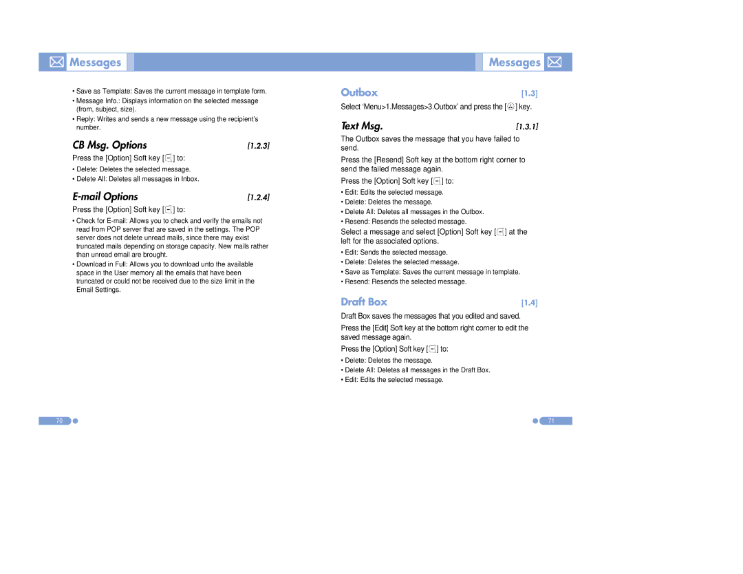 Pantech PG-3500 manual CB Msg. Options, Mail Options, Messages Outbox, Draft Box 
