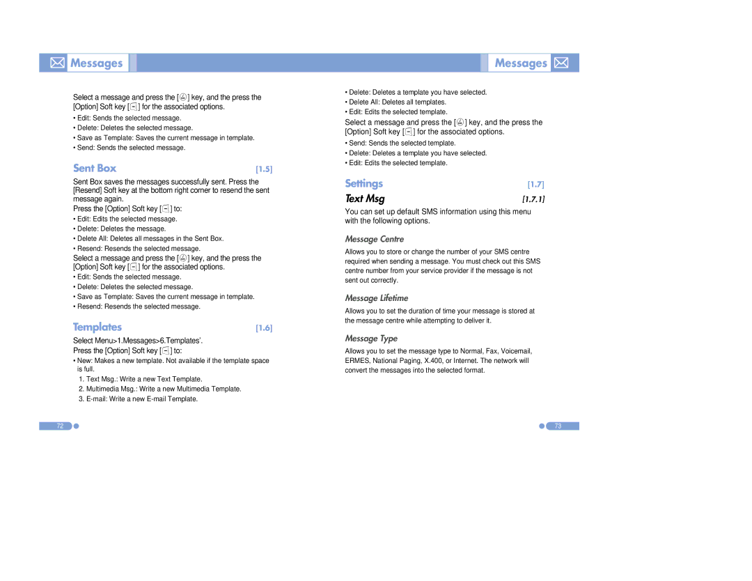 Pantech PG-3500 manual Sent Box, Templates, Settings 