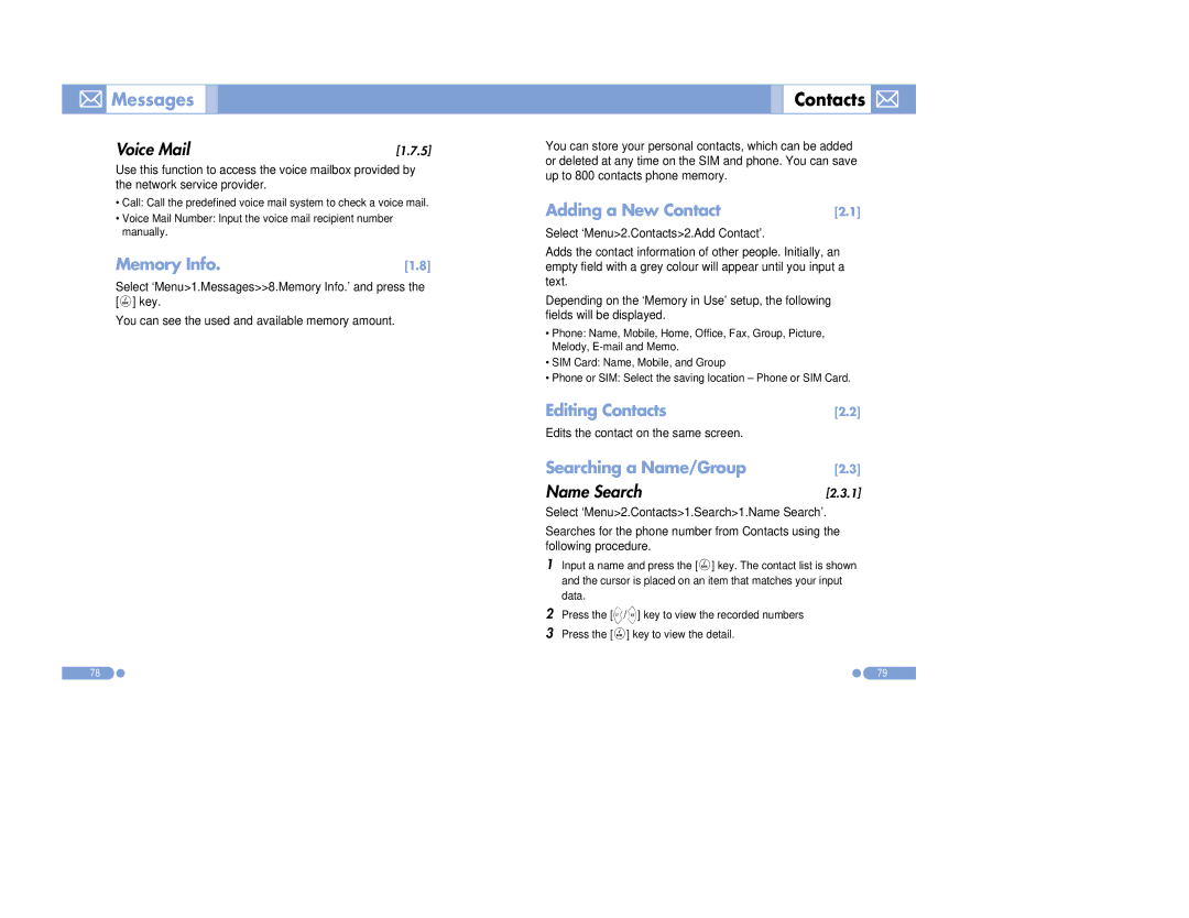 Pantech PG-3500 manual Voice Mail, Memory Info, Adding a New Contact, Editing Contacts, Searching a Name/Group 