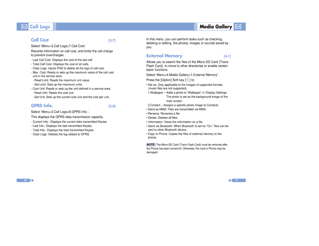 Pantech PG-3500 manual Call Logs Call Cost, Gprs Info, Media Gallery, External Memory 