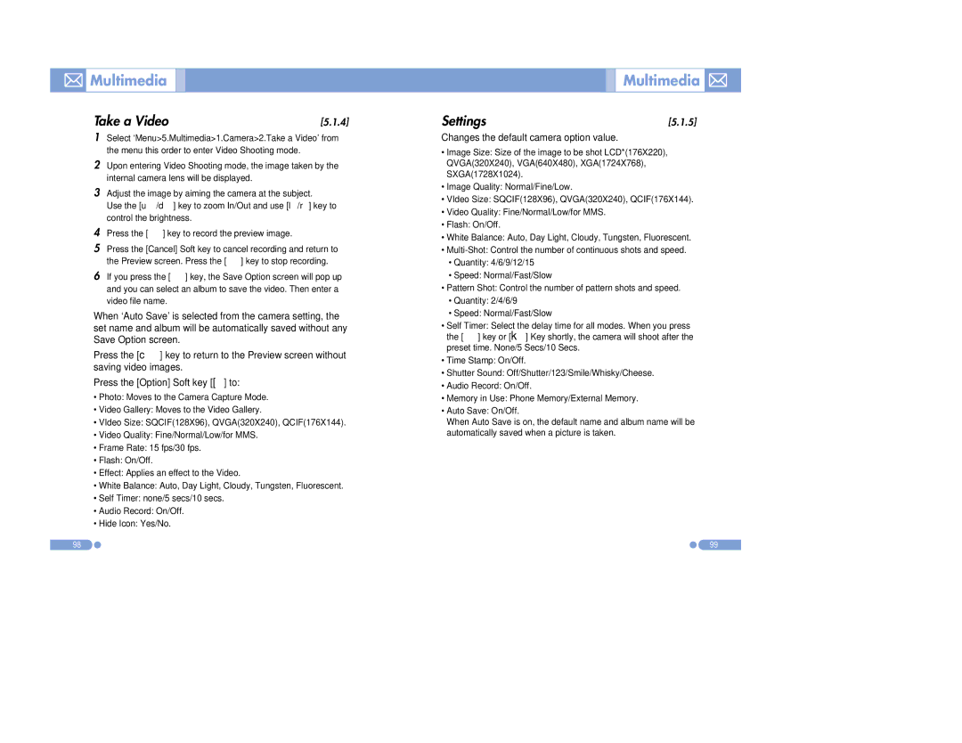 Pantech PG-3500 manual Take a Video, Settings, Changes the default camera option value 