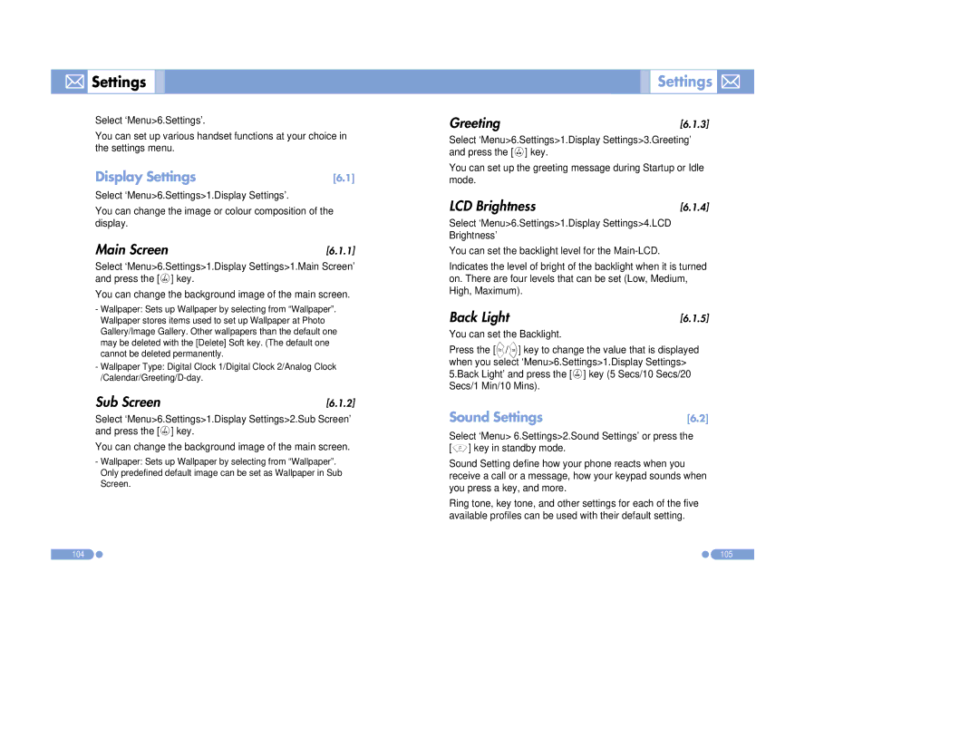 Pantech PG-3500 manual Main Screen, Sub Screen, Greeting, LCD Brightness, Back Light 