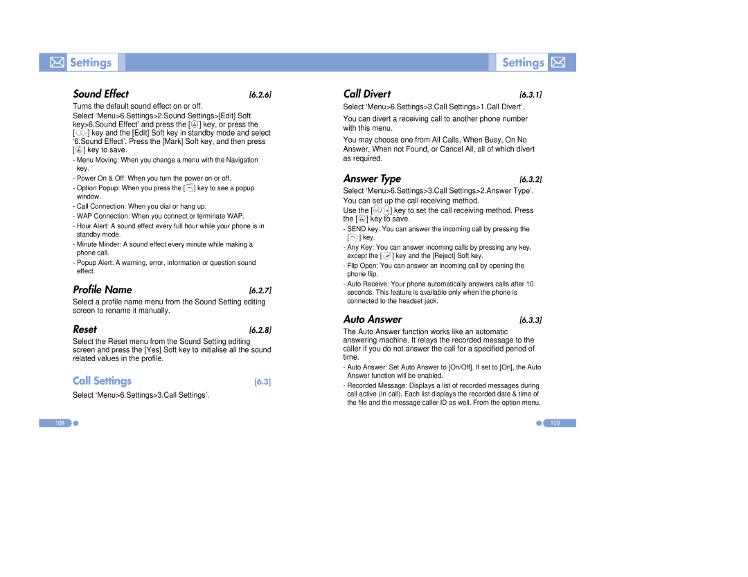 Pantech PG-3500 manual Sound Effect, Profile Name, Reset, Call Divert, Answer Type, Auto Answer 