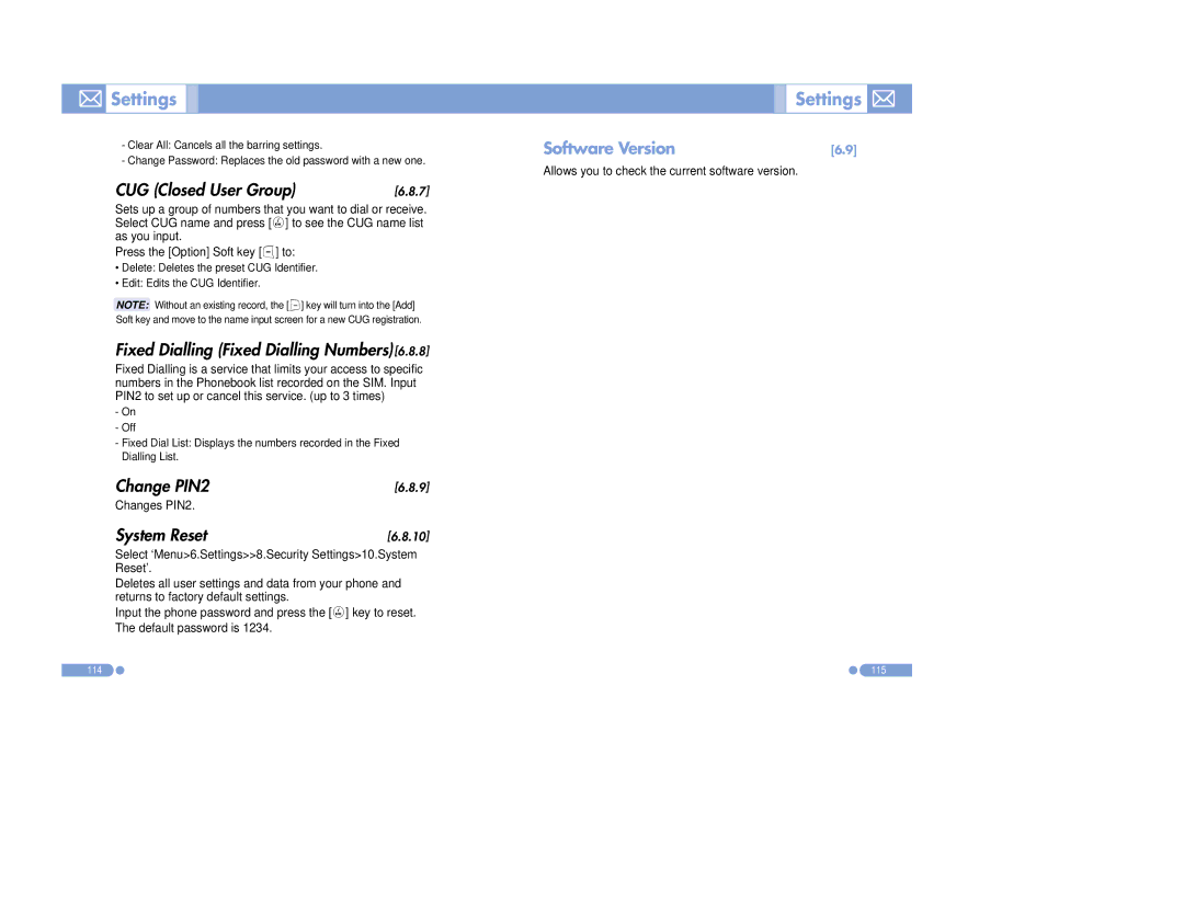 Pantech PG-3500 manual CUG Closed User Group, Fixed Dialling Fixed Dialling Numbers6.8.8, Change PIN2, System Reset 