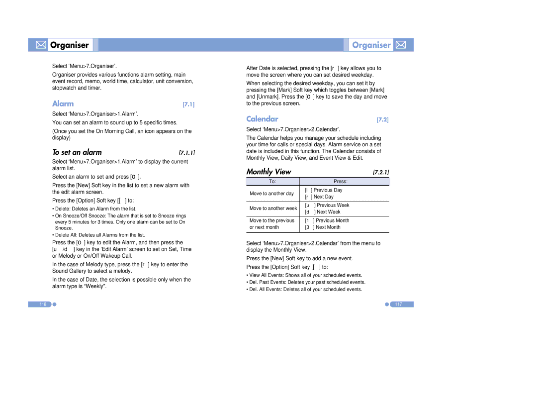 Pantech PG-3500 manual To set an alarm, Monthly View, Alarm, Organiser, Calendar 