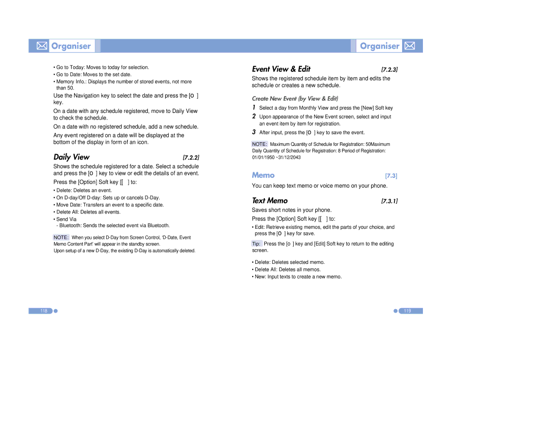 Pantech PG-3500 manual Daily View, Event View & Edit, Text Memo, You can keep text memo or voice memo on your phone 