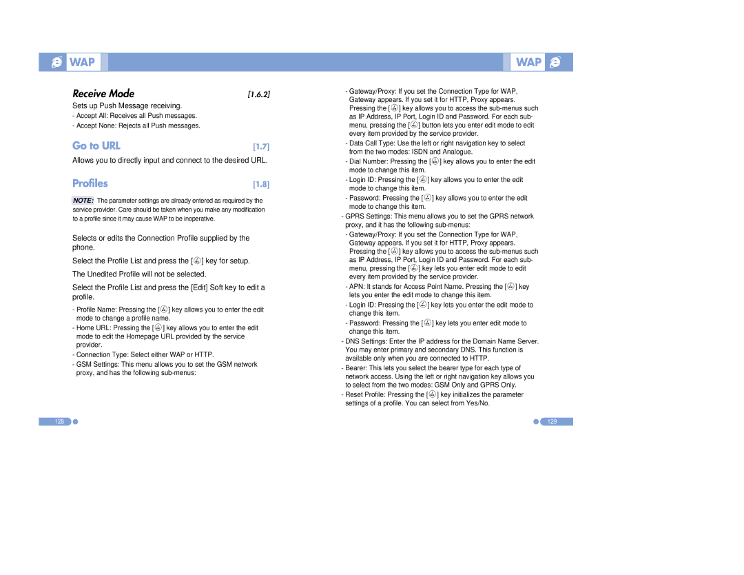 Pantech PG-3500 manual Receive Mode, Wap, Go to URL, Profiles 