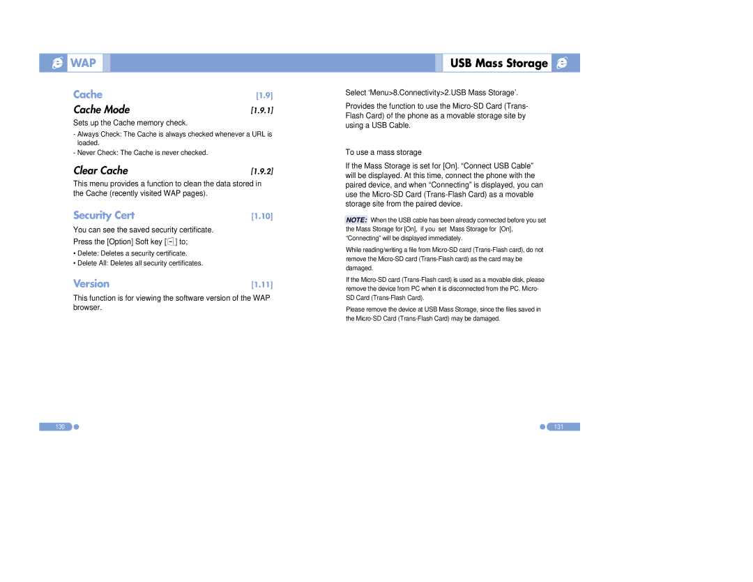 Pantech PG-3500 manual Clear Cache, WAP Cache, Security Cert, Version, USB Mass Storage 